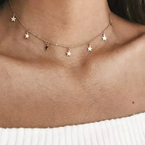 Yellow gold star charm dangle drop choker necklace